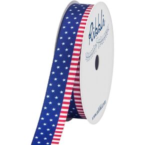 Ribbli Satin Stars and Stripes Patriotic Craft Ribbon,5/8-Inch x 10-Yard,Navy/White/Red,Use for Memorial Day, Veterans Day, 4th of July, President's Day, USA Decorations