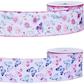 Easter Wired Edge Ribbon Pastel Stripe Plaid Spring Decoration Ribbon for Wreaths, Crafts, Garlands, Gift Wrapping (EasterA4, 2.5 Inch)