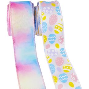 Easter Wired Edge Ribbon Pastel Stripe Plaid Spring Decoration Ribbon for Wreaths, Crafts, Garlands, Gift Wrapping (EasterA4, 2.5 Inch)