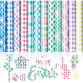Whaline 12 Sheet Spring Colorful Heat Transfer Vinyl Buffalo Plaid Iron on Vinyl Checkered Pattern HTV Adhesive Craft Vinyl for Spring Summer Easter Clothing Costume DIY Fabric Craft, 9.6 x 11.8 Inch