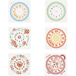 FINGERINSPIRE 6pcs Clock Painting Stencil - 5.9x5.9inch Reusable Roses, Peony & Gear Wall Clock DIY Art Gear for Painting on Wood, Wall, Fabric & Furniture
