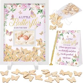 Taiyin 65 Pcs Baby Shower Guest Book Alternative in Guest Book 60 Pcs Wood Heart Baby Shower Favors Decors Sign Picture Frame for Birthday