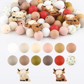 100Pcs Silicone Beads, Brown Round Hexagon Loose Spacer Beads, 3 Size 4 Color Retro Bulk Rubber Beads for Making DIY Necklaces Bracelet Keychain (12mm/15mm)