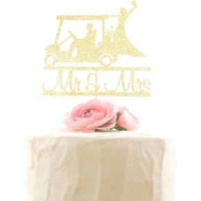 Golf Cart Wedding Cake Topper, Mr & Mrs Cake Toppers, Travel Golf Bride and Groom Party Decorations, Wedding Anniversary Cake Decor, Gold Glitter