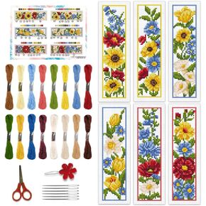BEUNITONE 6 Pcs Flowers Cross Stitch Bookmark Kit for Adults Beginners Vivid Floral DIY Stamped Embroidery Bookmark Punch Needle Kit with Instructions for Book Lovers Reader Writer Gift 8''x2.4''