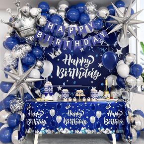 Blue and Silver Birthday Decorations, Blue White Silver Balloons Happy Birthday Banner Blue Tablecloth Backdrop for Happy Birthday Decorations for Men