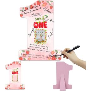 Holkcog Strawberry عيد ميلاد أول ديكورات حفلة عيد ميلاد ، فتاة سنة عيد ميلاد سنة زوارم زوارم زوارق لوحة الفراولة موضوع بطاقات دش الفتاة (مع الوقوف) هدايا عيد ميلاد الأطفال الأولى ، مع إطار الصورة