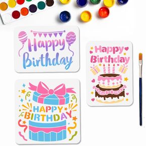 MAYJOYDIY 3 Pcs Happy Birthday Cake Stencils Gift Box Balloon Stencil 11.8×11.8/11.7×8.3inch Reusable Celebrate Birthday Template for Painting on Wood DIY Crafts Party Wall Canvas