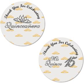 40 Quinceanera Stickers, 2 Inch Big Round Glossy Labels, Thank You for Celebrating Mis Quince 15 Birthday Theme, Great for Party Favors, Tags, Games and Supplies. Made in USA (Silver)