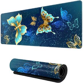 Cuet XL Large Gaming Mouse Pad, Stitched Extended Keyboard Pad, Non-Slip Waterproof Full Big Long Mousepad for Laptop Computer for Women Office Decor Gifts, (Gold and Blue Butterfly, 31.5 X 11.8 in)