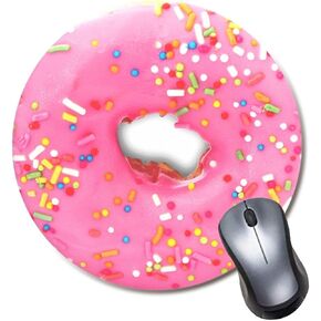 Pink Donut Design Mouse Pad, Gaming Round Mousepad for Computer Laptop Non-Slip Rubber Desk Mat,Cute Office Accessories (8 Inch)