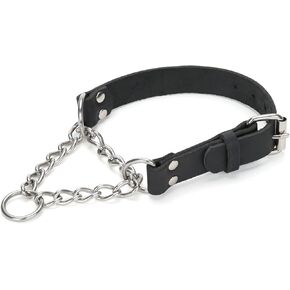 Martingale Collar for Dogs No-Pull Adjustable Training Collar with Stainless Steel Chain - Genuine Leather Anti-Slip Design for Small,Medium,Large Breed Dogs - Black (L)