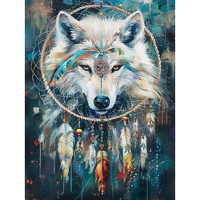 SKRYUIE 5D Wolf Diamond Painting Kits - DIY Diamond Art Kits for Adults Dreamcatcher, Full Round Drill - Crystal Cross Stitch - Adults Craft for Wall & Office Decor - 12x16 Inch q19