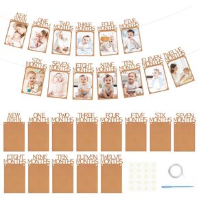 First Birthday Photo Banner for Baby Boy Girl, 1st Birthday Photo Banner Growth Record from Newborn to 12 Months, 12 Month Photo Banner with Frame, One Year Old Monthly Milestones Garland