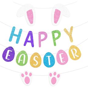 Happy Easter Banner Glittery Easter Bunting Banner Garland with Colorful Eggs and Bunny Paw Ears DIY Paper Banner for Wall Doorways Indoor Outdoor Home Mantel Decorations Spring Easter Party Supplies
