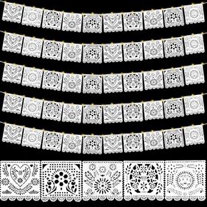 6 Pack White Papel Picado Banner Weddings Papel Picado Party Banner with String Light Felt Papel Picado Party Decoration Mexican Themed Party Banners Cinco De Mayo Mexico Decor for Wedding Party