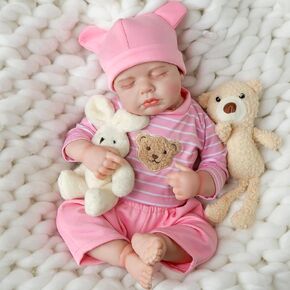 Realistic Reborn Baby Dolls, 18 Inch Lifelike Baby Doll Cloth Body, Real Life Baby Dolls Soft Sleeping Newborn Baby Dolls Pink Bear Dress-up Gift Toy for Age 3+