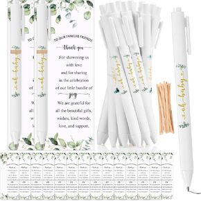 Tenceur 30 Set Baby Shower Pens Greenery Baby Shower Favor for Guest Sage Ballpoint Pens with Woodland Thank You Cards Gender Reveal Party Favor for Girl Boy Party Souvenirs Prizes