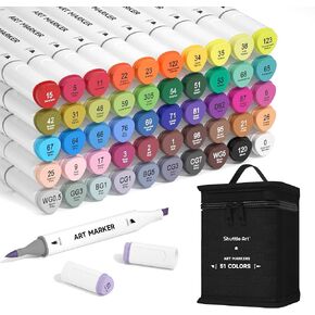 Shuttle Art Pastel Alcohol Markers Brush tip, Dual Tip Brush & Fine Tip Art Marker Set, 50 Colors plus 1 Blender Marker Pens with Case Perfect for Illustration Kids Students Adults Coloring Sketching