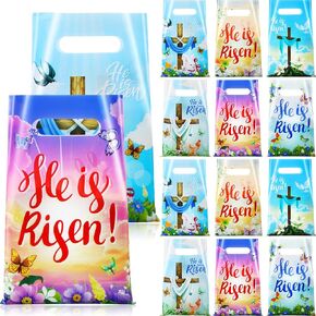 Engrowtic 60 Pcs Easter He Is Risen Gift Bags Religious Treat Bags with Handles Reusable Plastic Easter Goody Bags for Easter Theme Bible School Party Favor Eggs Hunt