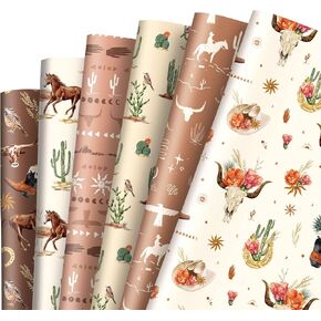 AnyDesign 12 Sheet Western Cowboy Wrapping Paper Wild West Horse Bull Cactus Gift Wrap Paper Bulk Folded Flat Funny Art Paper for Birthday Wedding Baby Shower DIY Crafts Gift Packing, 19.7 x 27.6 In