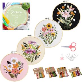 Santune 4 Pack Embroidery Kit for Beginners with Pattern, Cross Stitch Kits for Adults with Instructions,Needlepoint Kits for Adults Include 2 Embroidery Hoops,Color Threads and Needles(Floral)