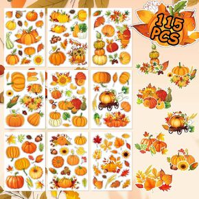 Fall Pumpkin Stickers - 9 Sheets 115 Pcs Fall Thanksgiving Pumpkin Maple Leaf Stickers for Kids Self Adhesive Sticker Decor Autumn Themed Party Favors Gift Fall Thanksgiving Theme Party Supplies