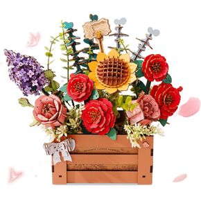rowood Artifical Flowers,Wooden Flower Building Set,Wedding Centerpieces for Tables,DIY Botanical Collection 3D Puzzles,Adult Craft Kit as Christmas Birthday Valentine Gift-Wooden Bloom Box