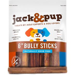 Jack&Pup 6 Inch Bully Sticks for Medium Dogs | Thick Odor Free Bully Sticks for Large Dogs | All Natural Beef Pizzle Sticks (Thick, 24 Pack)