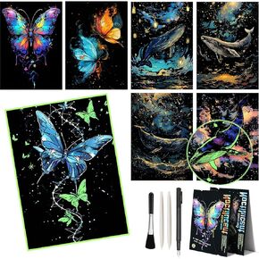 M MUGIT 8 Sheet Scratch Art Noctilucent Rainbow Painting Paper with Pen/Cleaning Brush, Glow in The Dark Engraving Scratchboard(A4) for Kids & Adult, ASMR Sketch Card Relaxing Toy (Landscape)