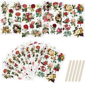Wandic 16 Sheets فرك على ملصقات النقل الفخامة شارات زهرة الرجعية ملصقات مقاومة للماء الأثاث شارات الحرف لتصنيع DIY Making Carding Cards ، 4 * 6in