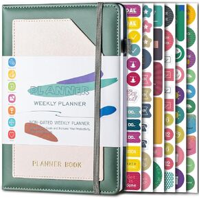 2025 Planner | Undated Daily Planner with Stretch Leather Cover & Inner Pocket | Weekly Planner for Home, Office & School | Includes Creative Stickers | Compact Size (8.26" x 5.7")