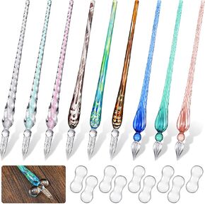 Outus 9 Pieces Handmade Glass Signature Pen High Borosilicate Glass Crystal Vintage Dip Pen with 9 Pieces Pen Holder for Writing Drawing Calligraphy (Fresh Color)