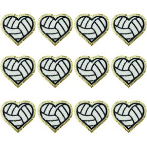 12 PCS Volleyball Heart Patch Golden Edges Volleyball Iron On Patches Chenille Embroidered Patches for DIY Decorate Clothes