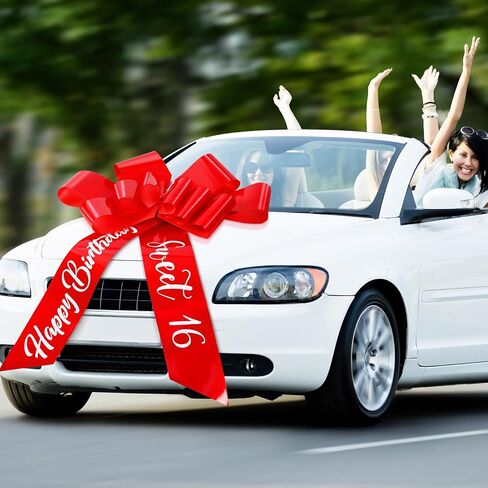 Happy Birthday Car Bow Sweet 16 Big Car Pull Bow 30 Inch Giant Car Gift Wrapping Bow for Birthday Party Car Decorations(Rose Red) in Kuwait