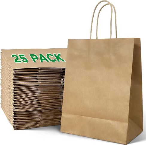 Medium Brown Paper Gift Bags with Handles, Medium Kraft Paper Bags with Handles,7.87x4.3x10.6" 25Pcs Medium Brown bulk bags, Brown Gift Bags for Businesses, Parties, Wedding, Favors, Shopping, Retail, Take Out Sacks in Saudi Arabia