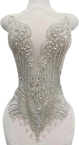 100% Handmade Rhinestones Applique on White net sew on Beads Crystal Patches Accessory for Dress Clothes (Silver 2) in Kuwait