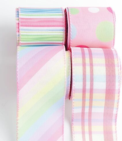 Easter Wired Edge Ribbon Pastel Stripe Plaid Spring Decoration Ribbon for Wreaths, Crafts, Garlands, Gift Wrapping (EasterA4, 2.5 Inch) in Kuwait