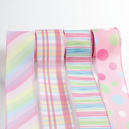 Easter Wired Edge Ribbon Pastel Stripe Plaid Spring Decoration Ribbon for Wreaths, Crafts, Garlands, Gift Wrapping (EasterA4, 2.5 Inch) in Kuwait