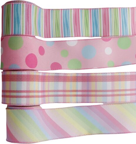 Easter Wired Edge Ribbon Pastel Stripe Plaid Spring Decoration Ribbon for Wreaths, Crafts, Garlands, Gift Wrapping (EasterA4, 2.5 Inch) in Kuwait