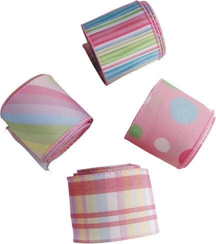 Easter Wired Edge Ribbon Pastel Stripe Plaid Spring Decoration Ribbon for Wreaths, Crafts, Garlands, Gift Wrapping (EasterA4, 2.5 Inch) in Kuwait