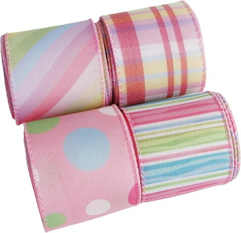 Easter Wired Edge Ribbon Pastel Stripe Plaid Spring Decoration Ribbon for Wreaths, Crafts, Garlands, Gift Wrapping (EasterA4, 2.5 Inch) in Kuwait