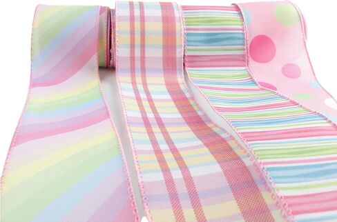 Easter Wired Edge Ribbon Pastel Stripe Plaid Spring Decoration Ribbon for Wreaths, Crafts, Garlands, Gift Wrapping (EasterA4, 2.5 Inch) in Kuwait
