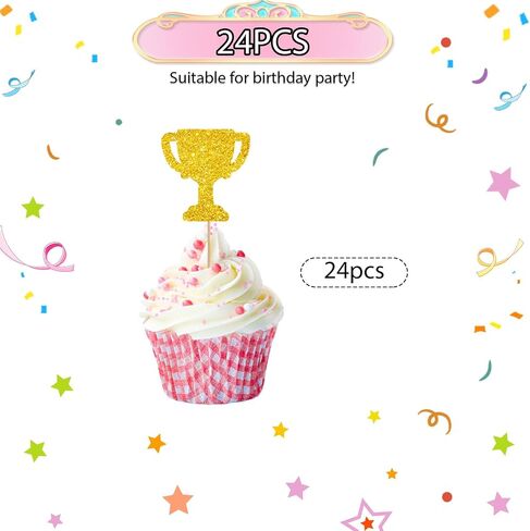 24pcs Trophy Cupcake Toppers, Number 1 Trophy Sign Cupcake Toppers, Gold Glitter Cake Decorations for 1st Birthday/Game Play Theme Party Supplies in Saudi Arabia