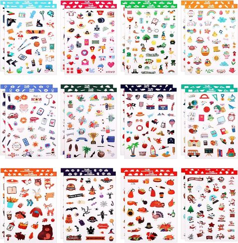 12 Sheets Daily General Events Kids Teens Gift Holiday Stickers12 Styles, Monthly Celebrations Planner Stickers Supplies for Calendar Journal Occasion Scrapbooking in Kuwait