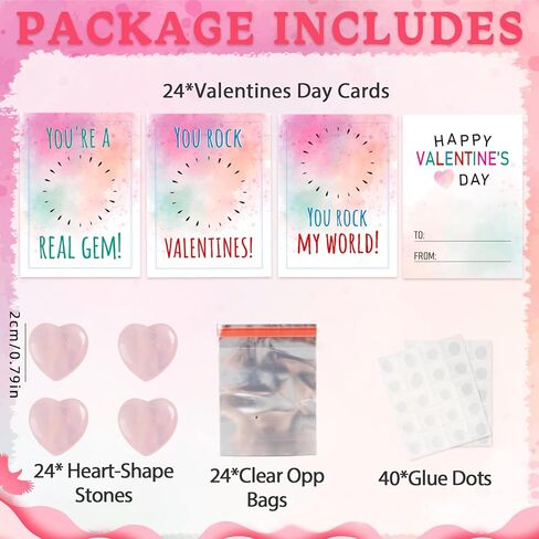 Valentines Day Gifts for Kids - 24 Pack Valentines Cards with Pink Heart Shaped Plastic Stones for Boys Girls Toddlers Valentines Gift Exchange Class Classroom School Valentines Day Party Favors in Kuwait