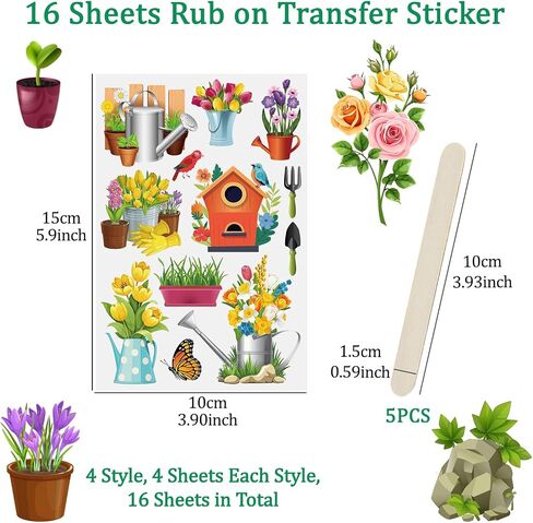 Wandic 16 Sheets فرك على ملصقات النقل الفخامة شارات زهرة الرجعية ملصقات مقاومة للماء الأثاث شارات الحرف لتصنيع DIY Making Carding Cards ، 4 * 6in in Kuwait