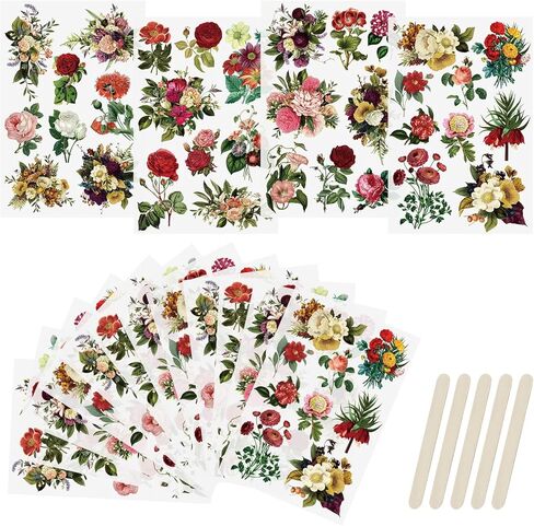 Wandic 16 Sheets فرك على ملصقات النقل الفخامة شارات زهرة الرجعية ملصقات مقاومة للماء الأثاث شارات الحرف لتصنيع DIY Making Carding Cards ، 4 * 6in in Kuwait