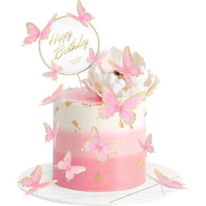 11 Pieces Butterfly Cake Toppers With Happy Birthday Cake Toppers 3D Pink Gold Butterfly Birthday Cake Decorations for Girls Women's Birthday Party Wedding Cake Decor Baby Shower (Pink-3)