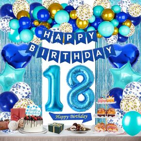 13th Birthday Decorations Blue Happy Birthday Banner Cake Topper Sash Gorgeous Blue Fringe Curtains Heart Foil Number 13 Balloons Confetti Balloons for 13 or 31 Years Old Party